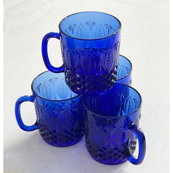 Other - Set of 4 Arcoroc Blue Cobalt Royal Glass Mugs Made in France Vintage Coffee Cups